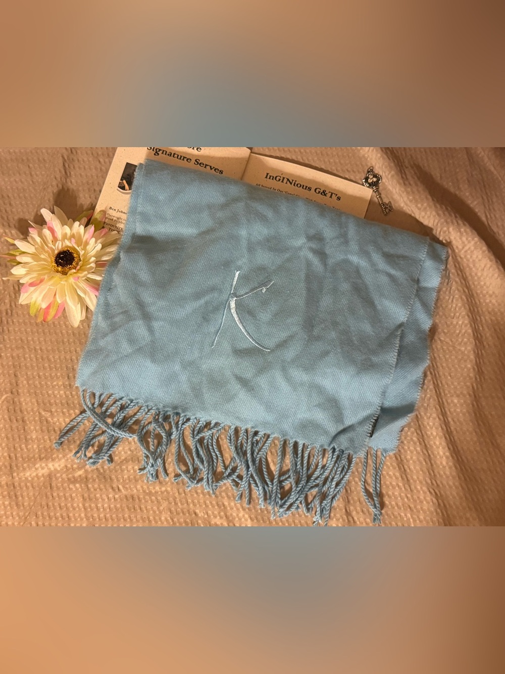 100% Cashmere Made in Scotland Light Blue Fringe Scarf Monogrammed 65” x 12”